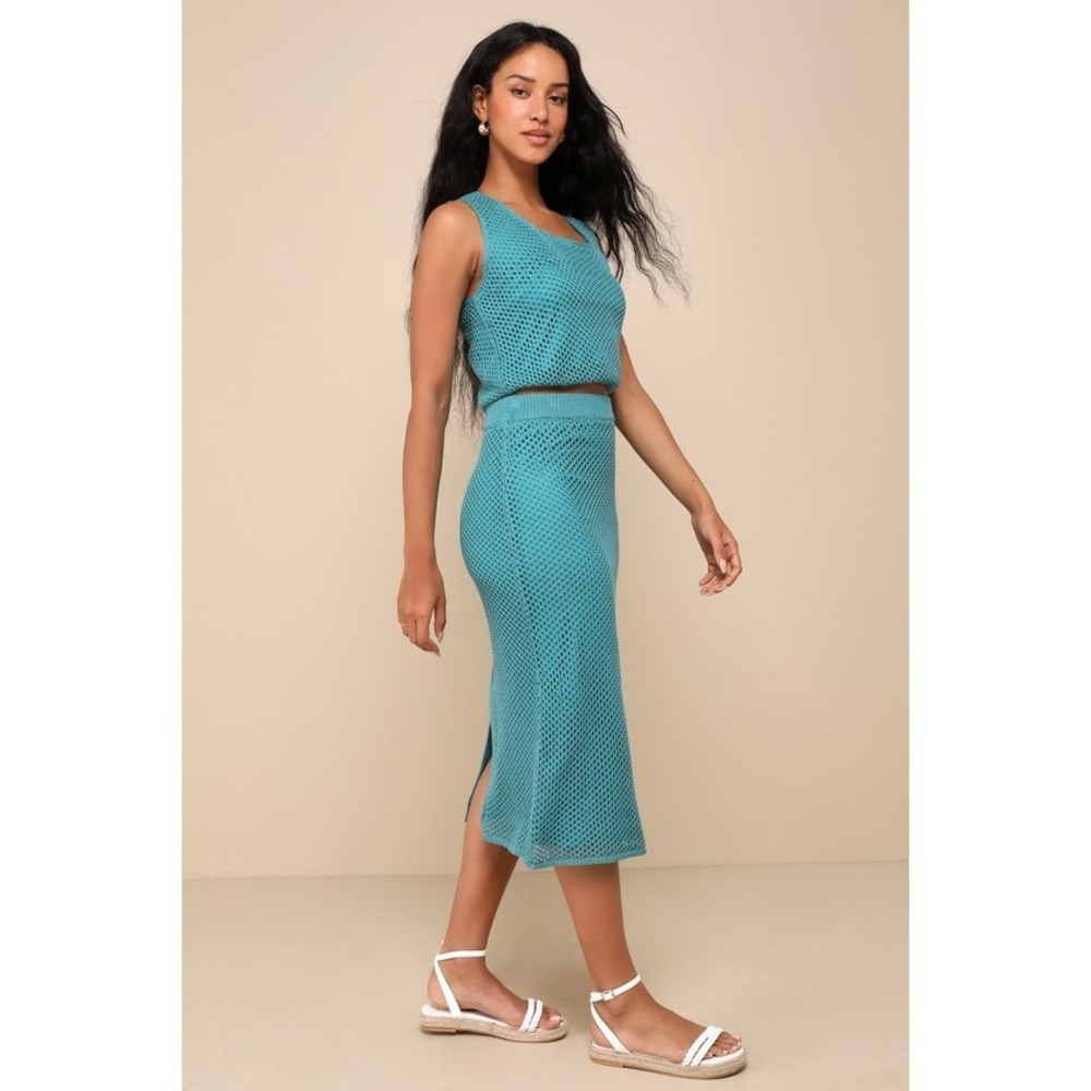 Lulus Destination Beauty Teal Blue Crochet Two-piece Midi Dress - Size L